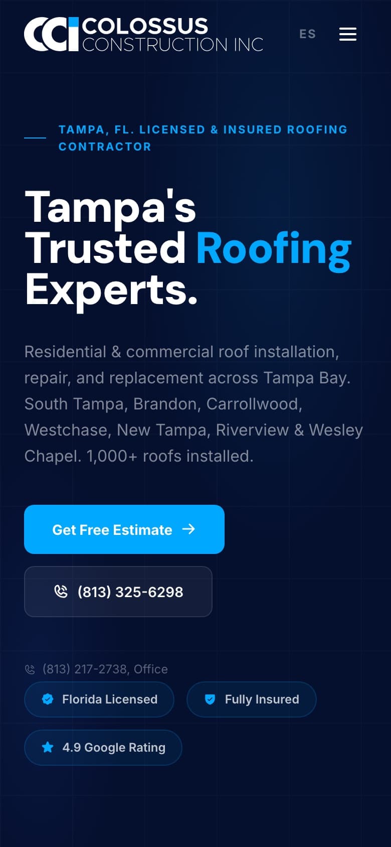 Mobile view of the Colossus Construction website