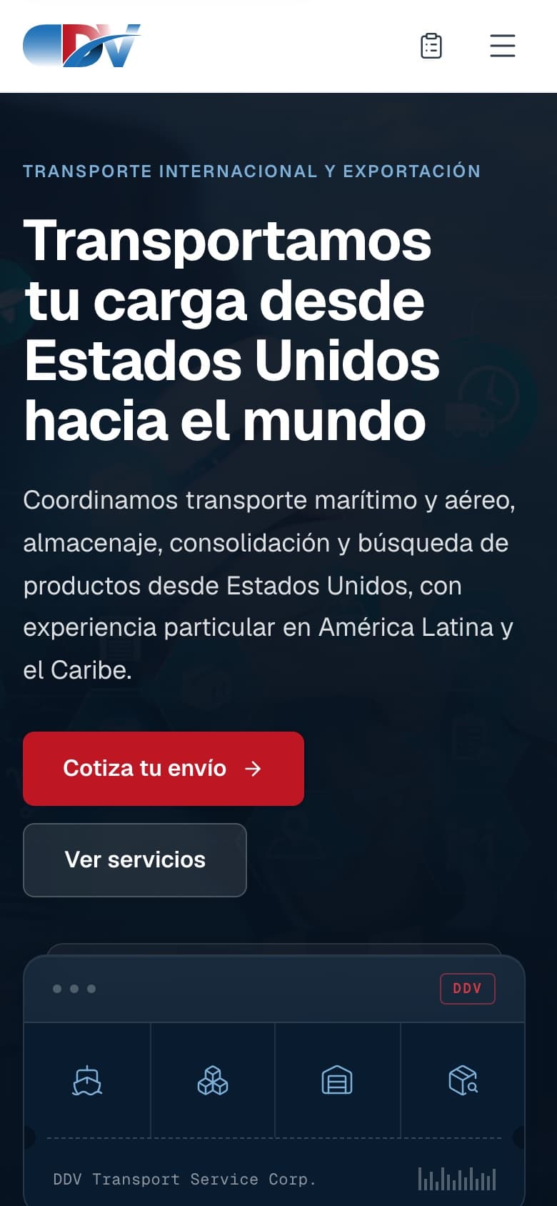 Mobile view of the DDV Transport Service Corp website