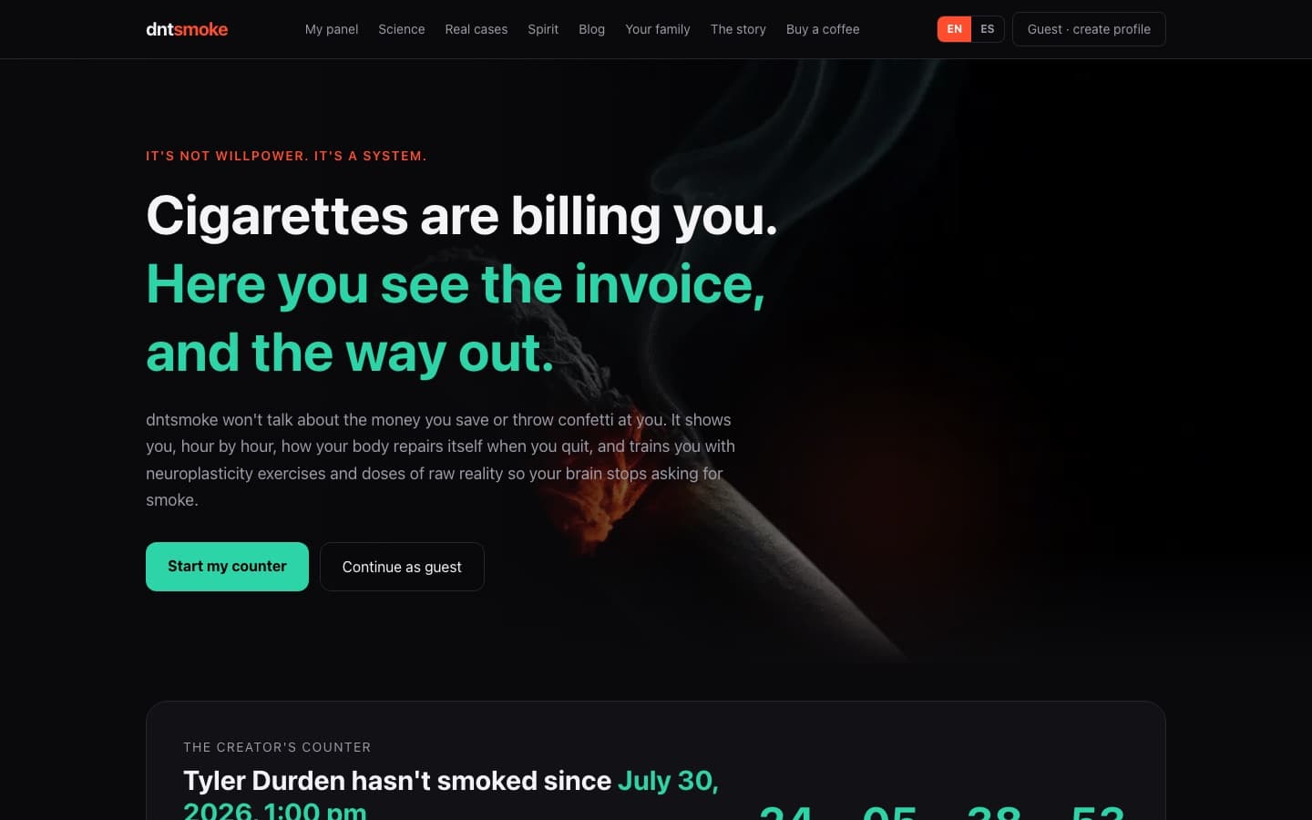 The dntsmoke site on desktop