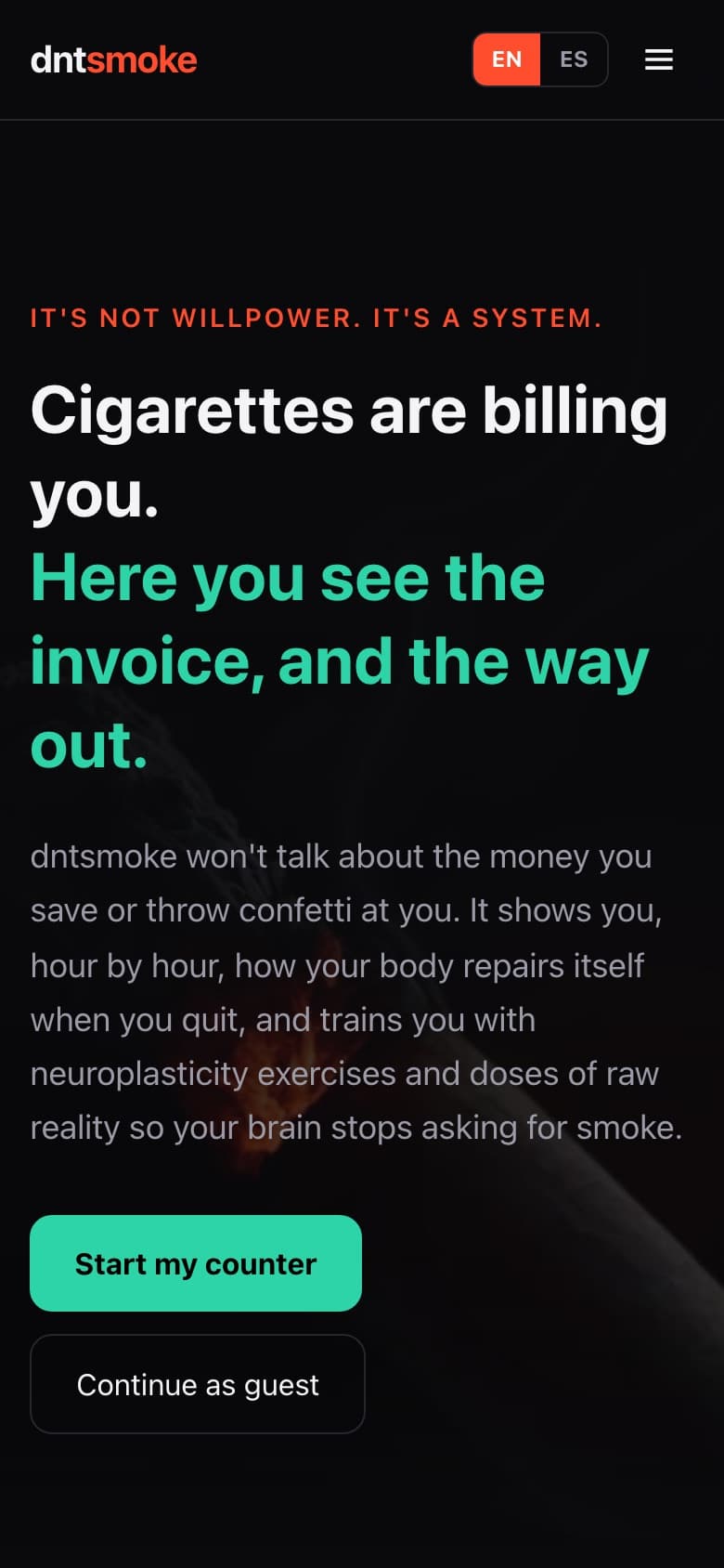 Mobile view of the dntsmoke website