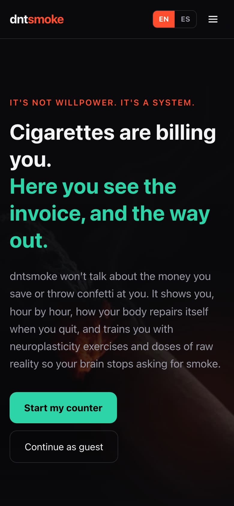 Mobile view of the dntsmoke website