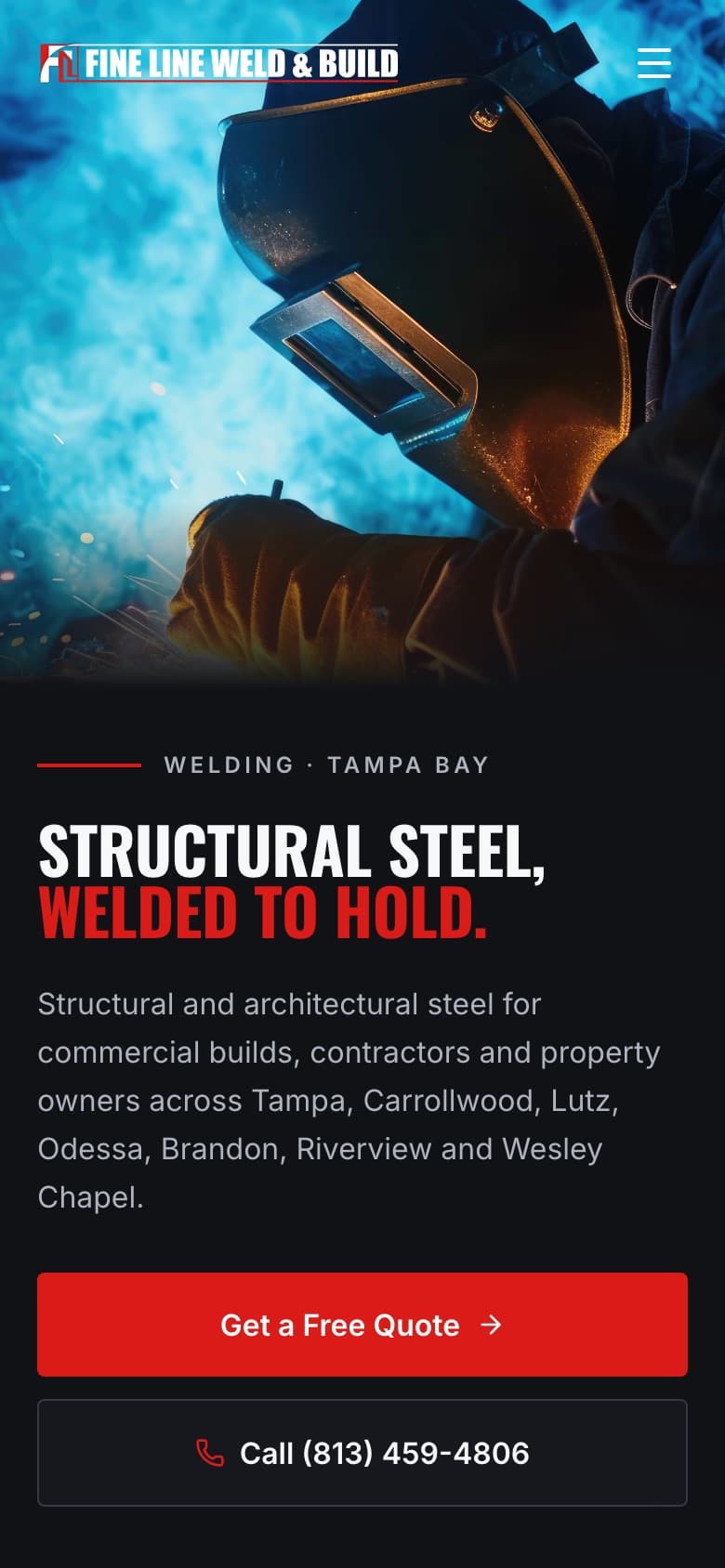 Mobile view of the Fine Line Weld and Build website