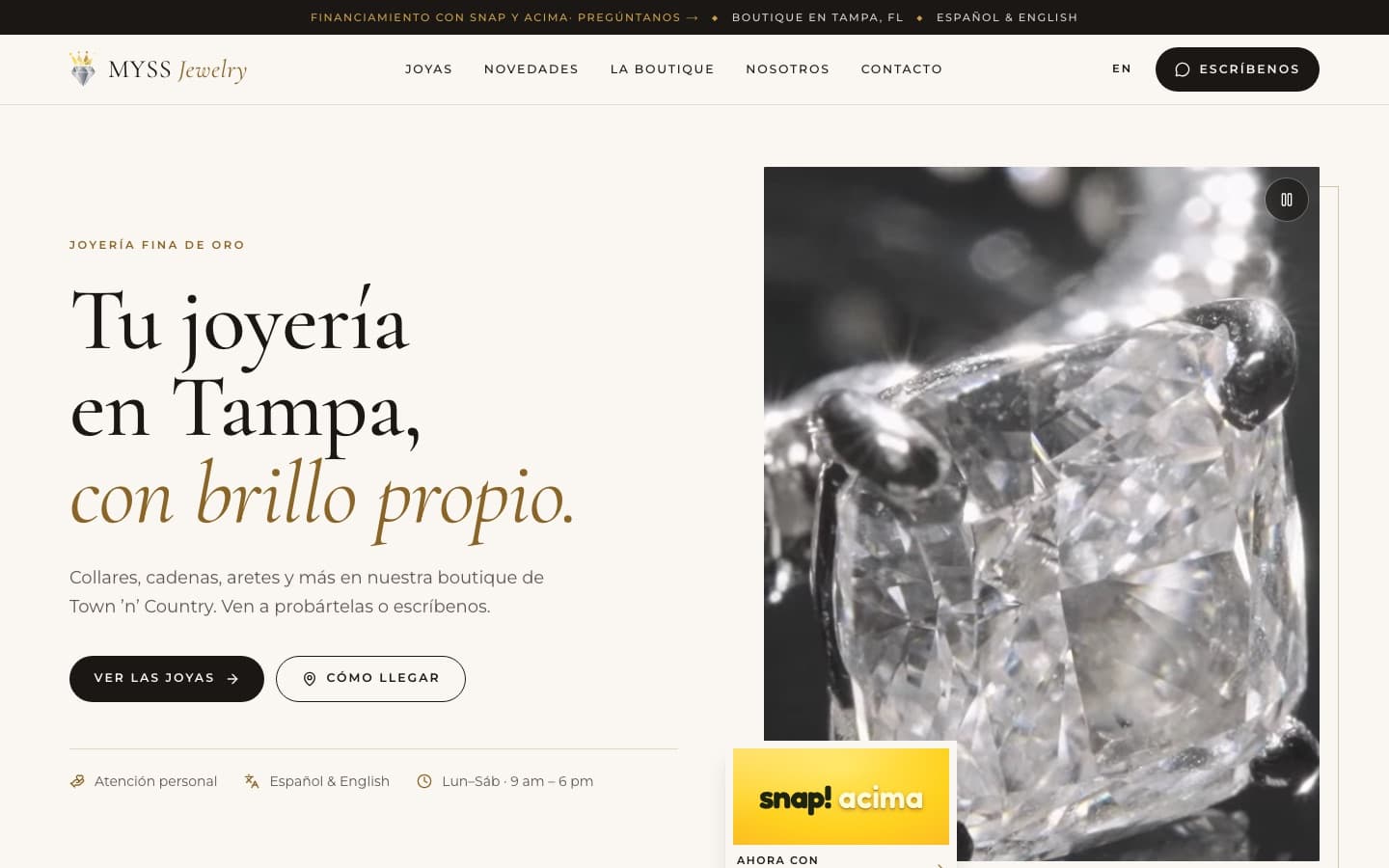 The MYSS Jewelry site on desktop
