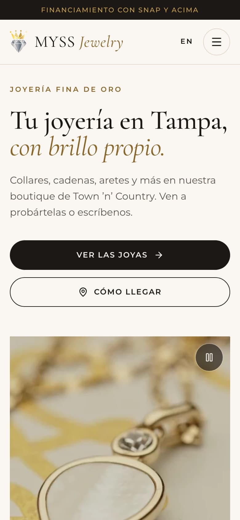 Mobile view of the MYSS Jewelry website