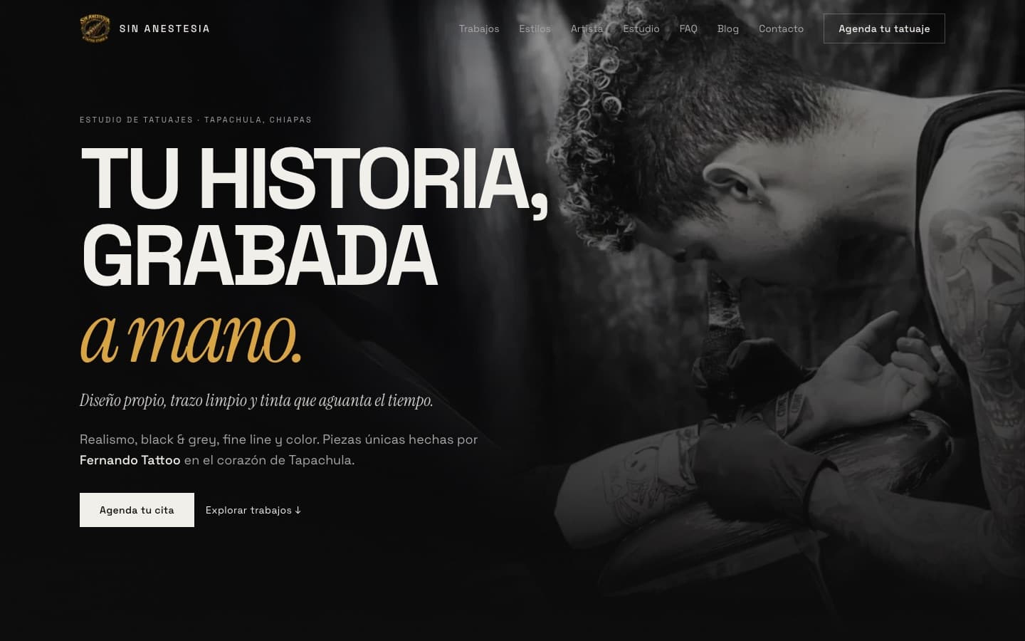 Desktop view of the Sin Anestesia Tattoo Studio website