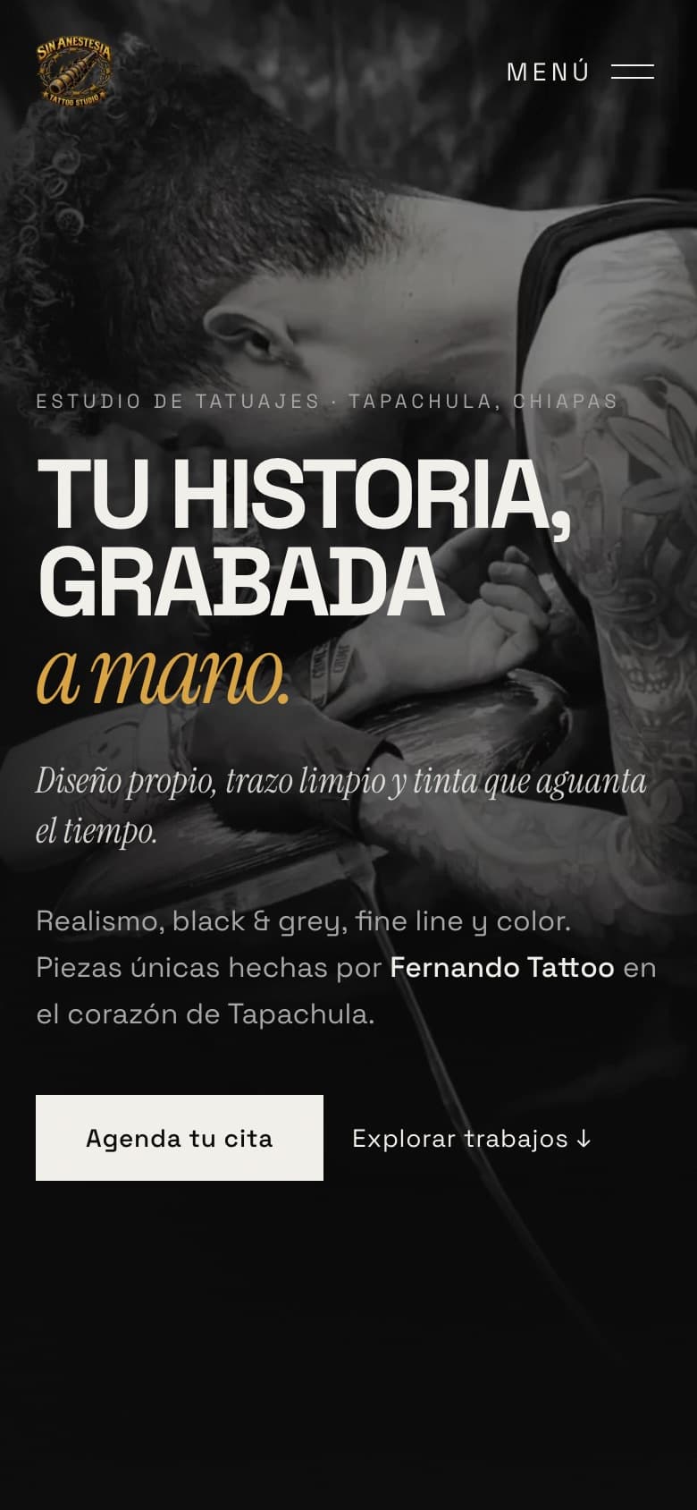 Mobile view of the Sin Anestesia Tattoo Studio website